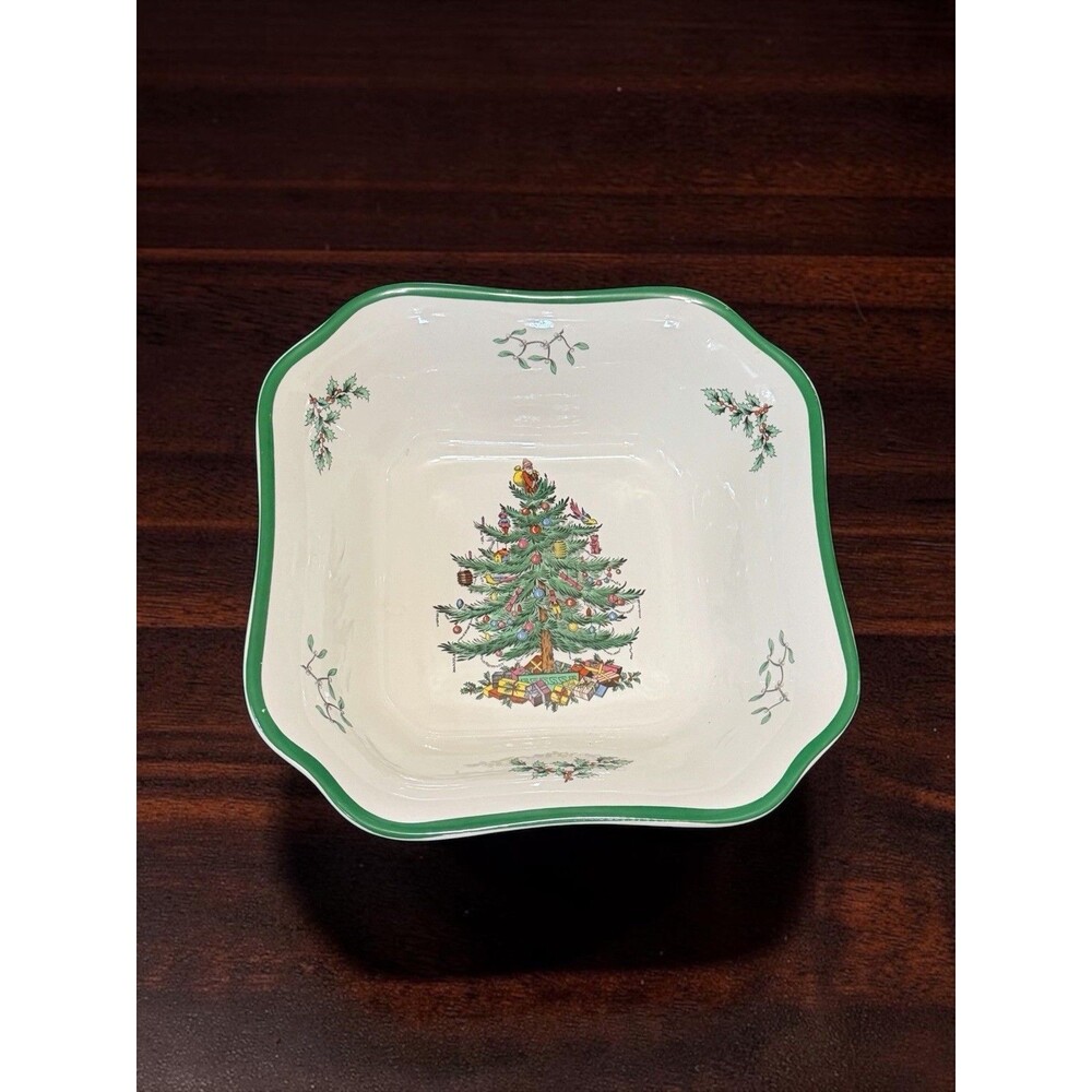 Spode Christmas Tree Square Serving Bowl 9.25in S3324 P Green Rim England